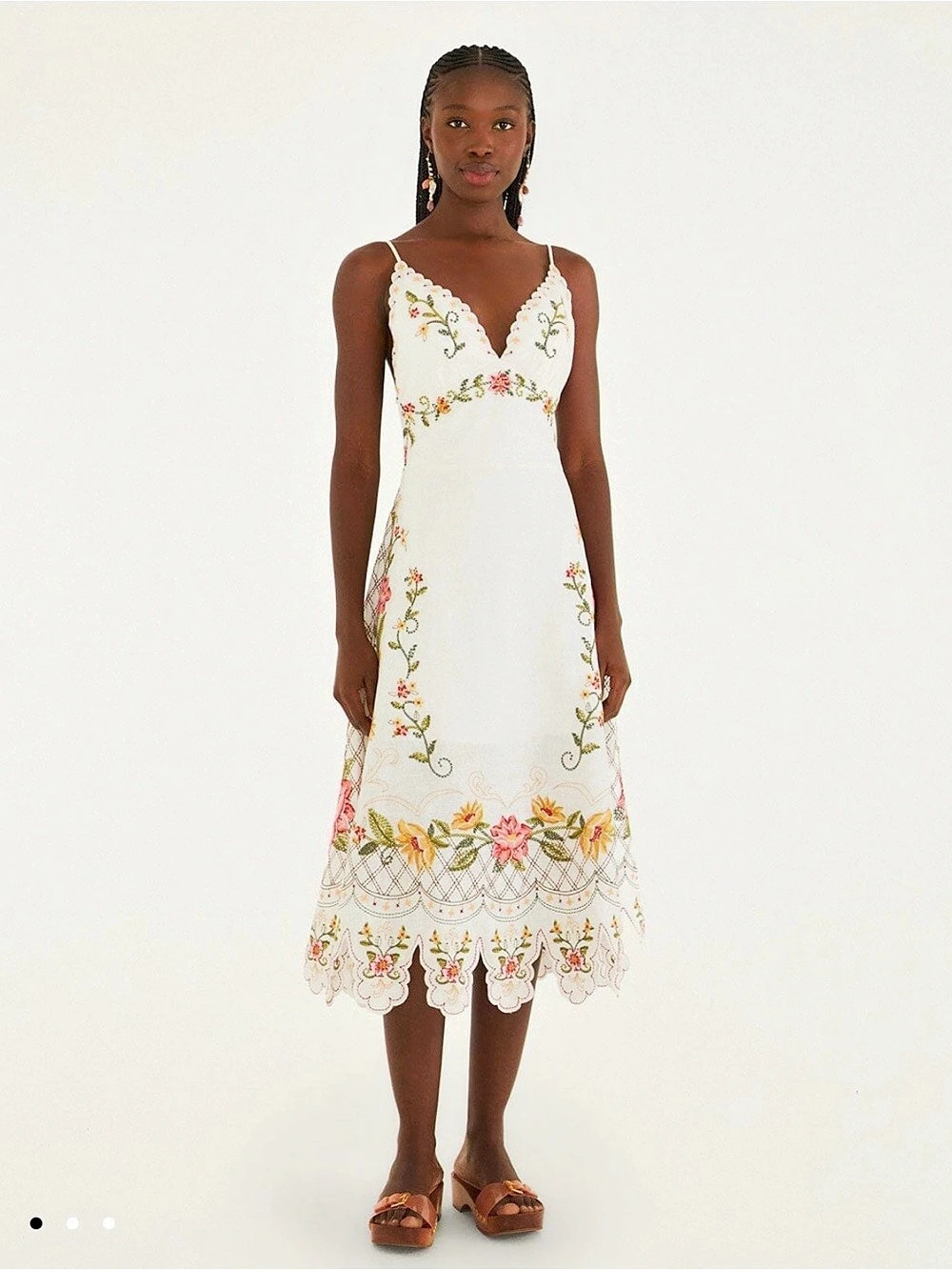 FARM Rio Off-White Flower Embroidery Asymetric Hem Midi Dress Floral Embroidered